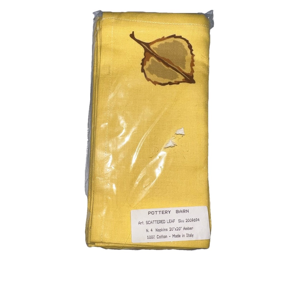 Vintage 4 Pottery Barn Amber Yellow Leaf Cotton Cloth 20X20 Napkins Made Italy‎
